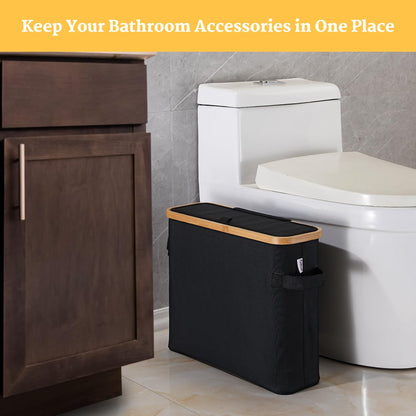 Large Toilet Paper Storage Basket Box with Lid for Mega Rolls, Extra Toilet Paper Storage Holder Stand Tissue Organizer Box for Bathroom, Slim Toilet Roll Container Storage Bin, Black