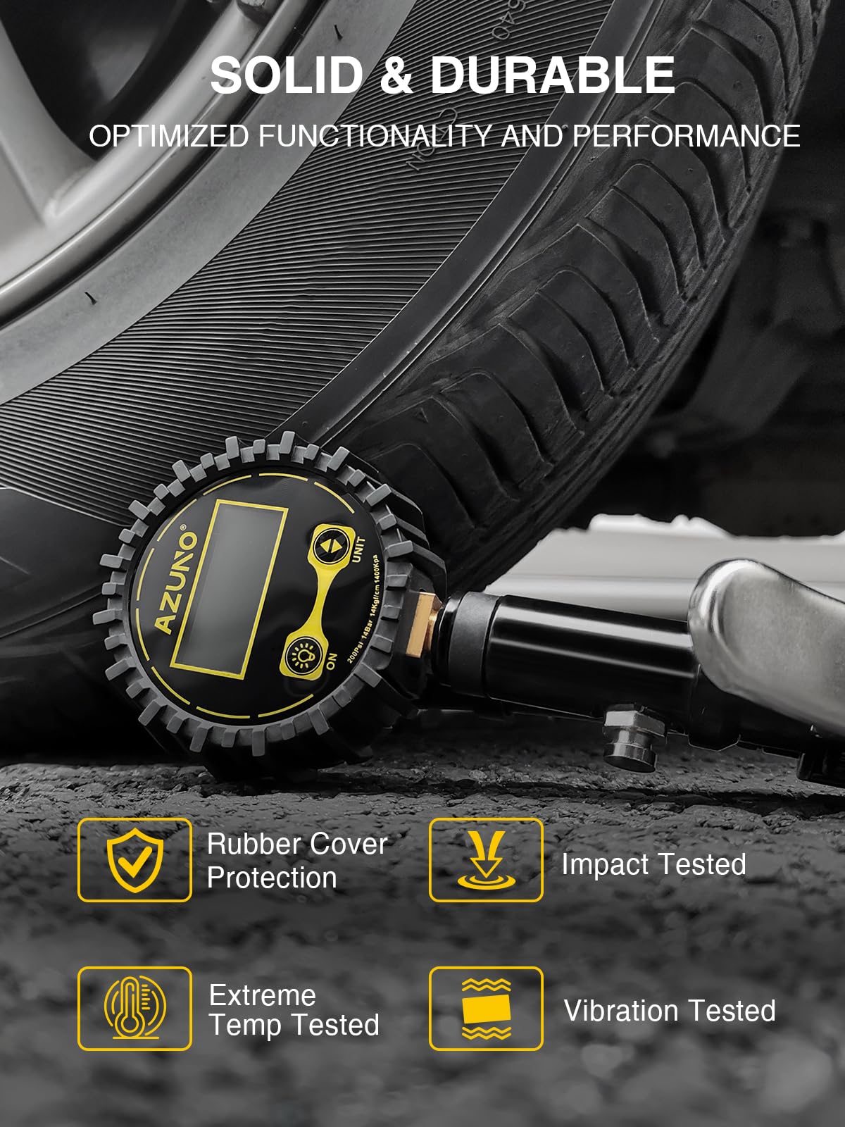 AZUNO Digital Tire Inflator with Pressure Gauge, 200 PSI, Heavy Duty Air Compressor Accessories, w/Rubber Hose Lock on Air Chuck and Quick Connect Coupler (Standard)