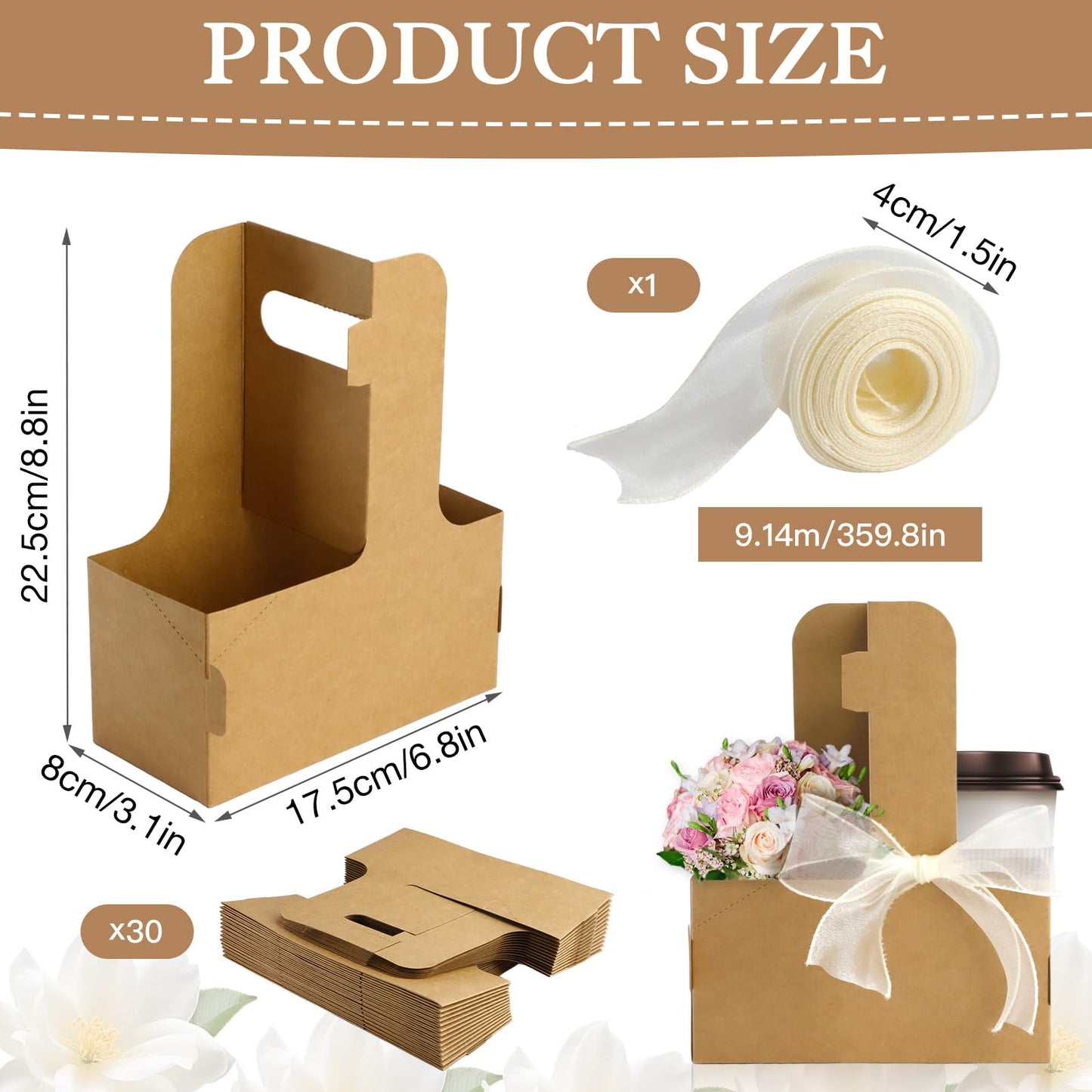 Zoyiancy 30 Pcs Kraft Flower Gift Bags, 2 Cup Drink Carrier with Handle, Floral Wrap Packing Box Paper Holder Basket for Appreciation Gift Birthday Party Favors