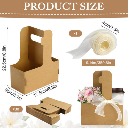 Zoyiancy 30 Pcs Kraft Flower Gift Bags, 2 Cup Drink Carrier with Handle, Floral Wrap Packing Box Paper Holder Basket for Appreciation Gift Birthday Party Favors