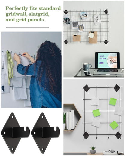 WENHUALI Gridwall Mount Brackets, 12 Pcs Grid Wall Accessory with Screws and 2 Pcs S Hooks for Wall Grid Panels, Perfect for Clothing Stores, Retail Displays, Home Wall Organization (Black)