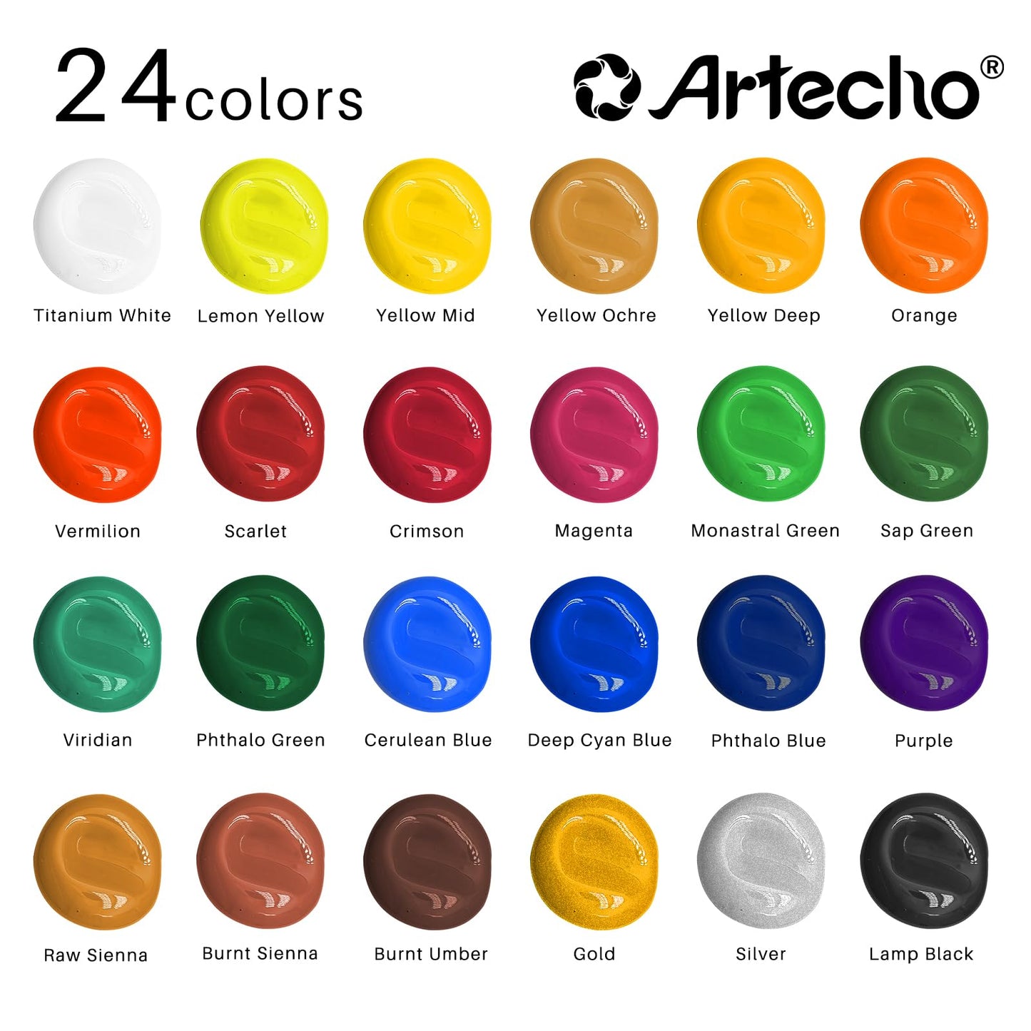 Artecho Acrylic Paint Set 24 Colors 2oz/59ml with 12 Brushes, Painting Kit for Adults, Beginners on Glass, Wood, Ceramic, Rock, Window, Craft, Model