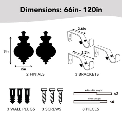 Deconovo Black Curtain Rods for Windows 66 to 120 Inches, Adjustable Decorative Single Window Curtain Rod Set, Curtain Rods with Finial, 3/4 Inch Diameter Steel Tube with Black Finish