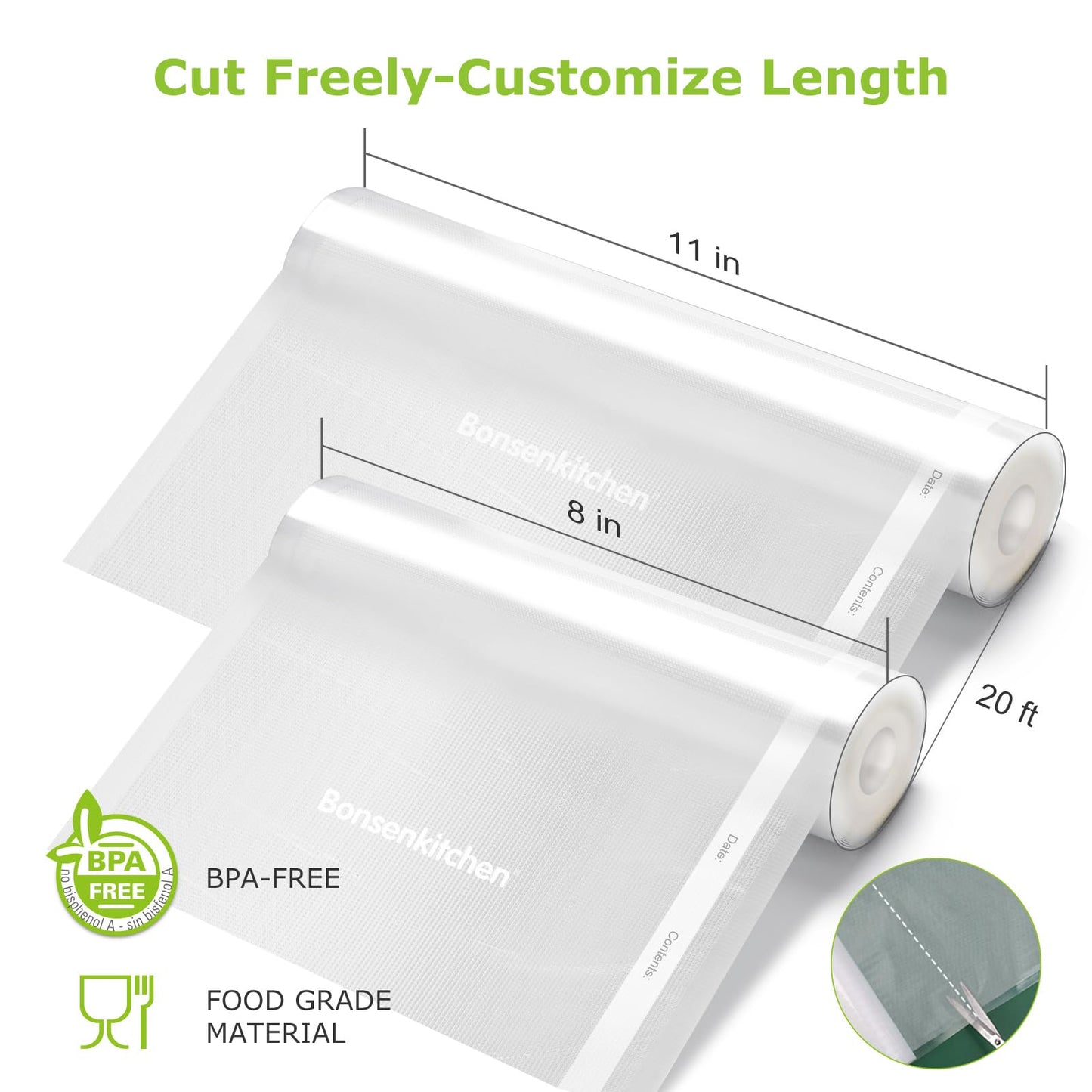 Bonsenkitchen Vacuum Sealer Bags, 6 Pack 3 Rolls 11" x 20' + 3 Rolls 8" x 20' Food Sealer Bags, Food Grade, BPA Free, Customized Size Vcuum Bag for Vac Storage, Meal Prep or Sous Vide Cooking, VB3211