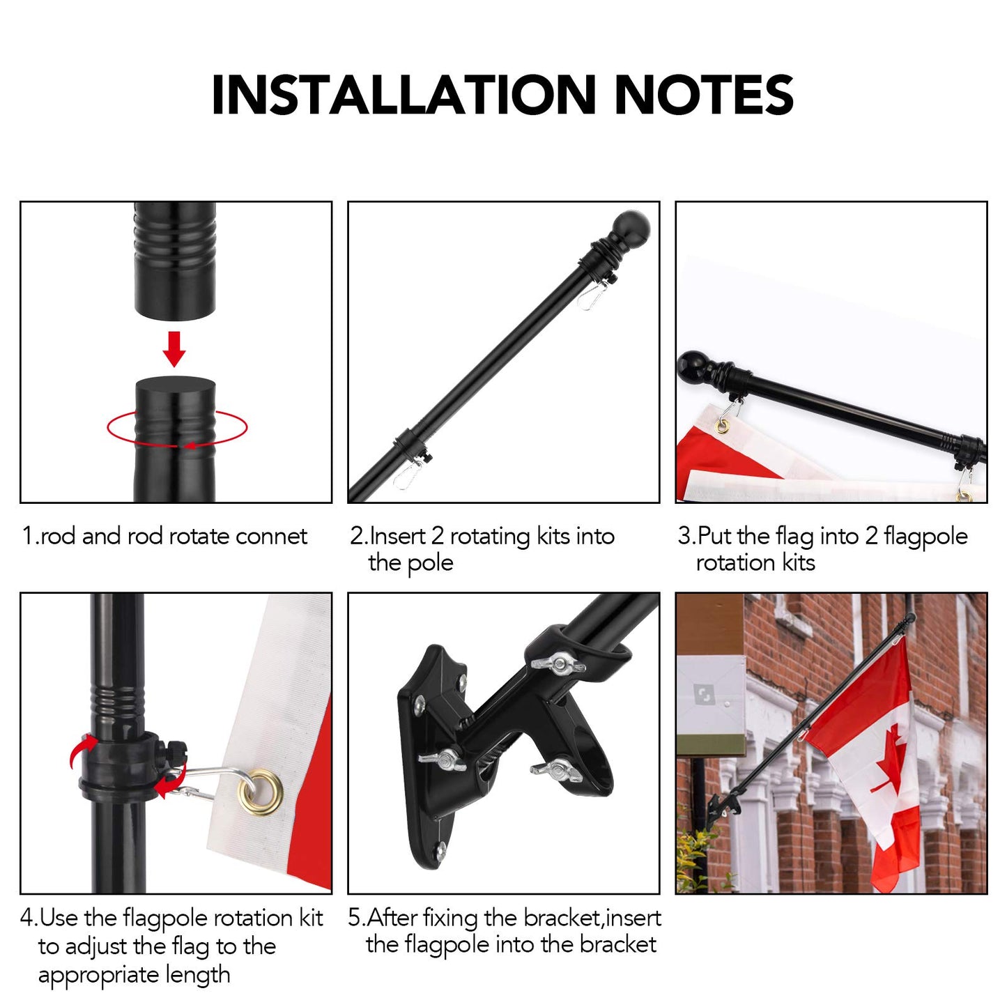 Yeesun Flag Pole,6FT Canada Flagpole with Mounting Bracket for 3’ x 5’ Canada Flag for House Porch & Outdoor Use,360° Tangle Resistant Technology and Wall Mount Flag Pole Kit (Without Flag,Black)