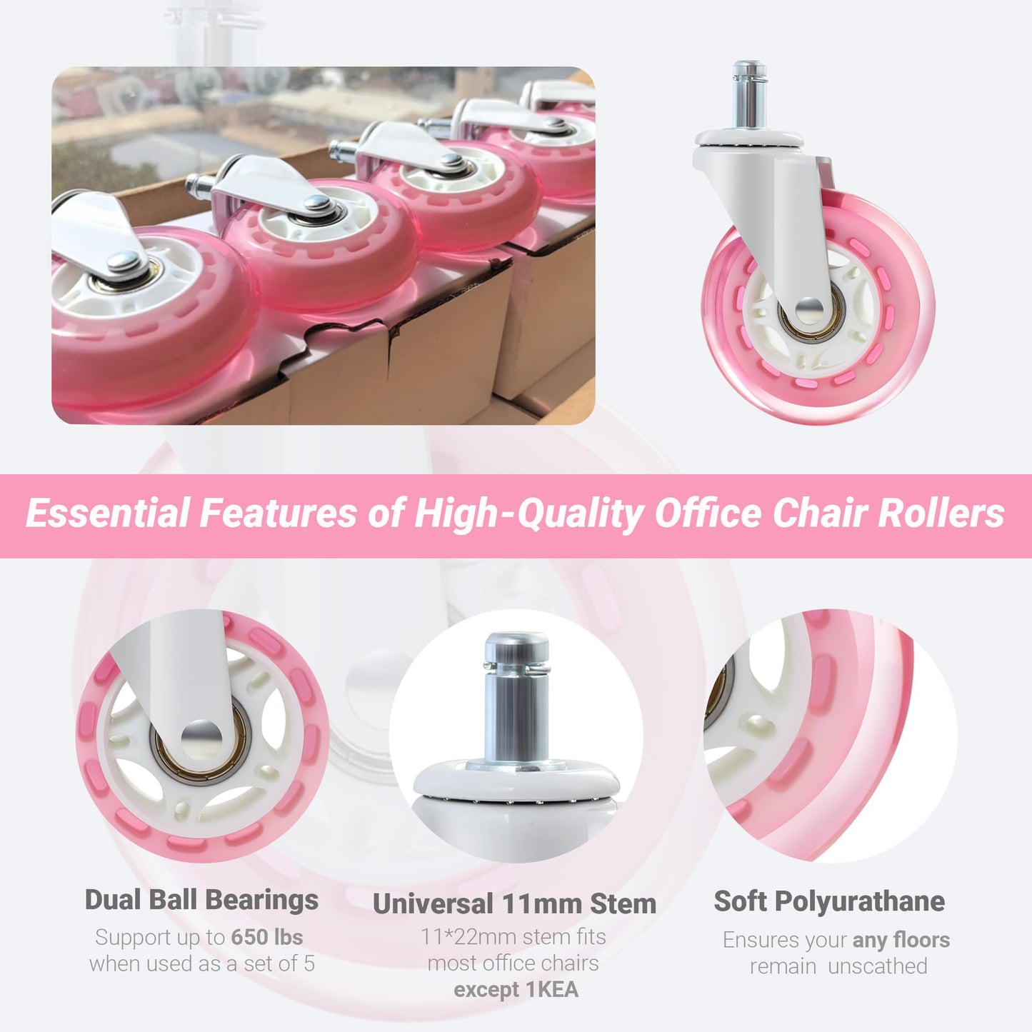 Pink Office Chair Caster Wheels Set of 5, 3 Inch Heavy-Duty Rubber Chair Casters Replacement, Computer Gaming Desk Caster Wheels Smooth Rolling for Hardwood Carpet Tile Floors, 11 * 22mm Universal fit