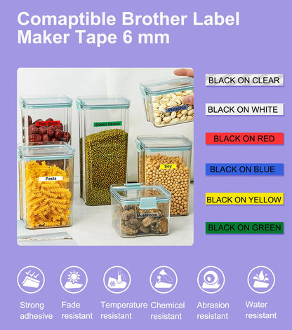 Replacement for Brother P-Touch Label Maker Tape TZe 6mm 0.23 Ribbon Laminated Compatible with Brother P Touch Tze-211 Tze-111 Tze-411 Tze-511 Tze-611 Tze-711,6 Pack