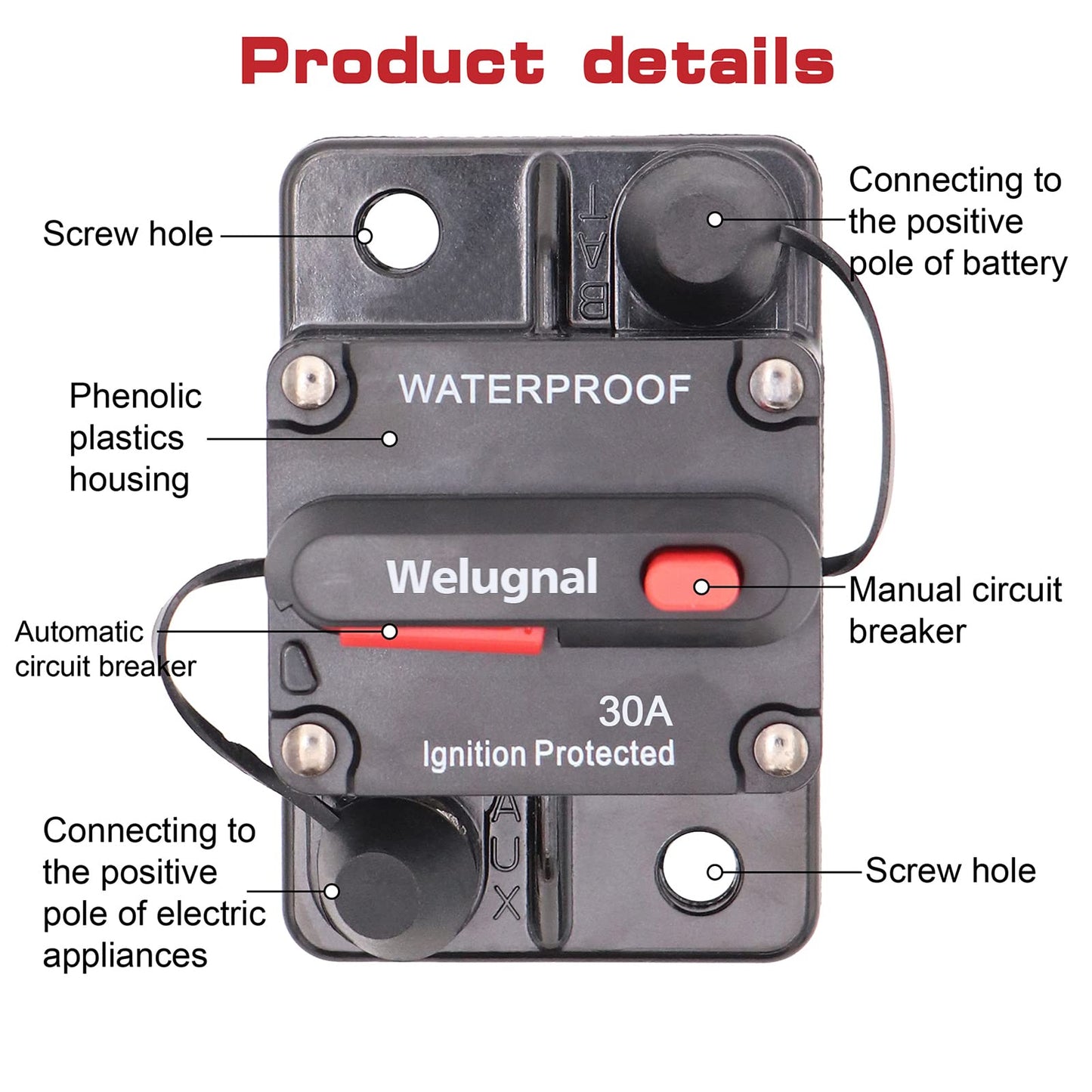 30 Amp Automotive Marine Circuit Breaker with Manual Reset Surface-Mount for Trolling Boat Motor Battery Thermal 12V-48V DC Waterproof