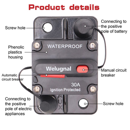 30 Amp Automotive Marine Circuit Breaker with Manual Reset Surface-Mount for Trolling Boat Motor Battery Thermal 12V-48V DC Waterproof