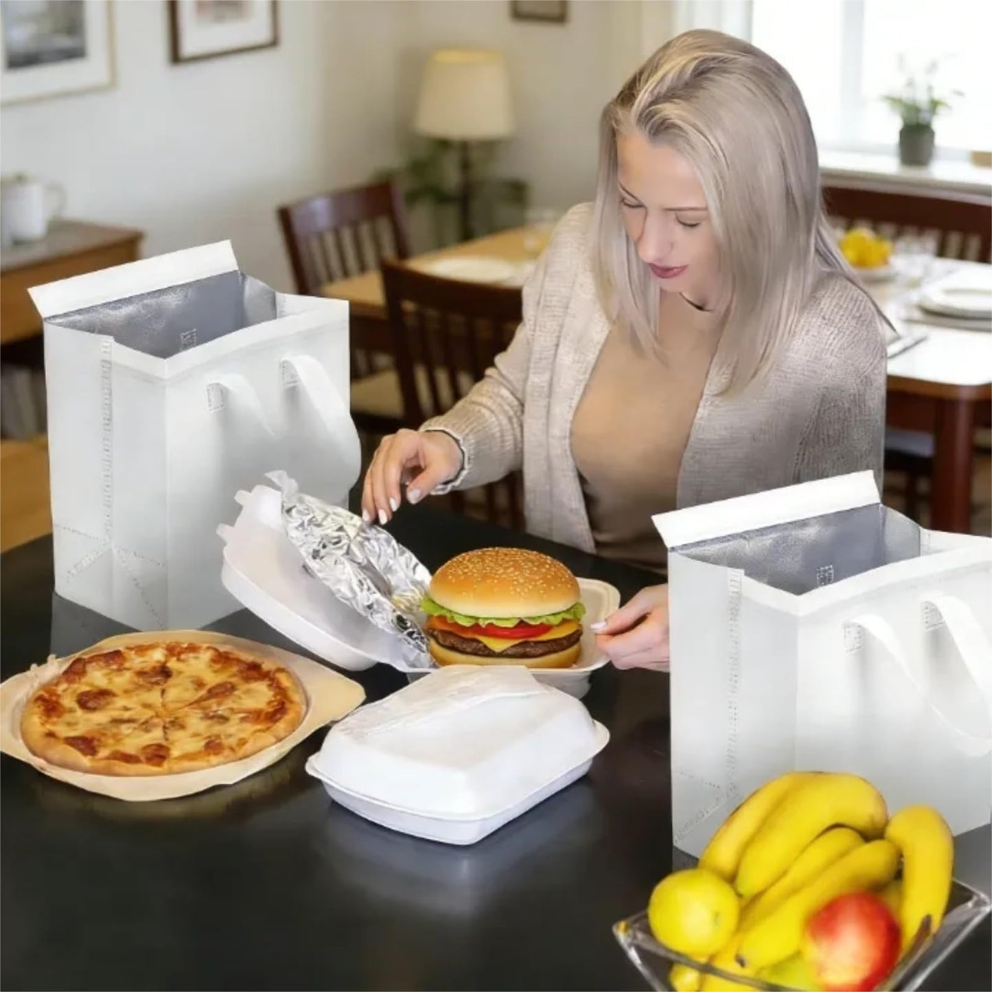 ZENFUN 25 Pack Insulated Take Away Bags Bulk, Small Insulated Cooler Bag Grocery Bag, White Thermal Bags for Hot&cold Frozen Food, Food Delivery, 9.5 x 6 x 10 Inches