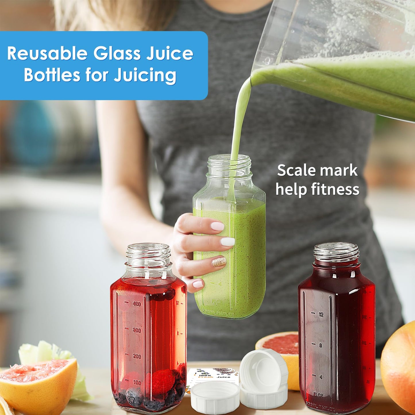 Syntic Glass Juice Bottles with Airtight Lids, 3 Pack Clear Glass Water Bottles with 2 Pour Spouts - 16 Oz Reusable Milk Jug w Scale Mark for Juicing Containers, Breast Milk Storage, Drinking Jar
