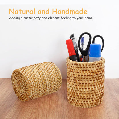 2 Pack Rattan Pencil Holder Handmade Pen Organizer Boho Desk Accessories Aesthetic Pen Cup Holder for Cute Office Decor