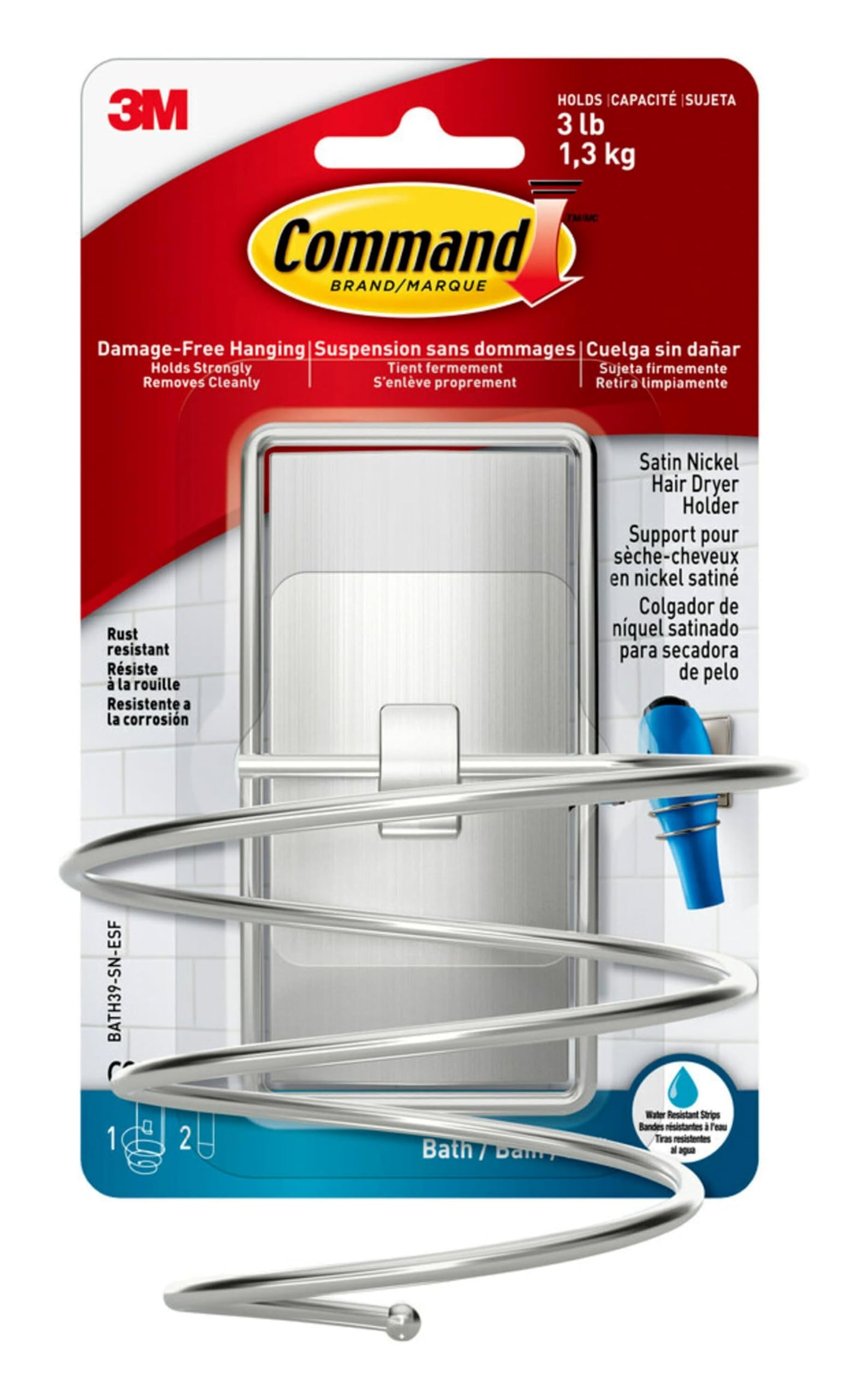 Command Hair Dryer Holder, Satin Nickel, 1-Holder, 2-Water-Resistant Strips, Organize Damage-Free
