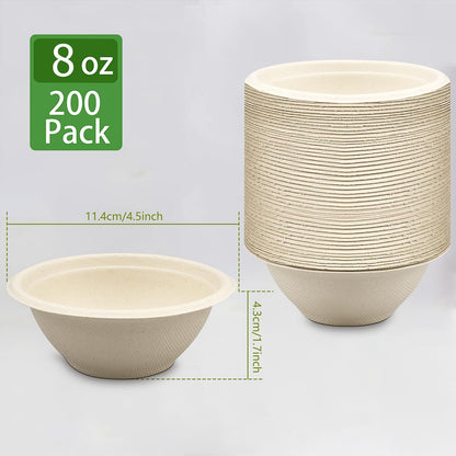 200 PCS Disposable Paper Bowls, 8 oz Compostable Paper Bowls Heavy Duty Paper Bowl Biodegradable Bagasse Bowl for Party, Salad, Dessert, Soup, Snack, Hot and Cold Food
