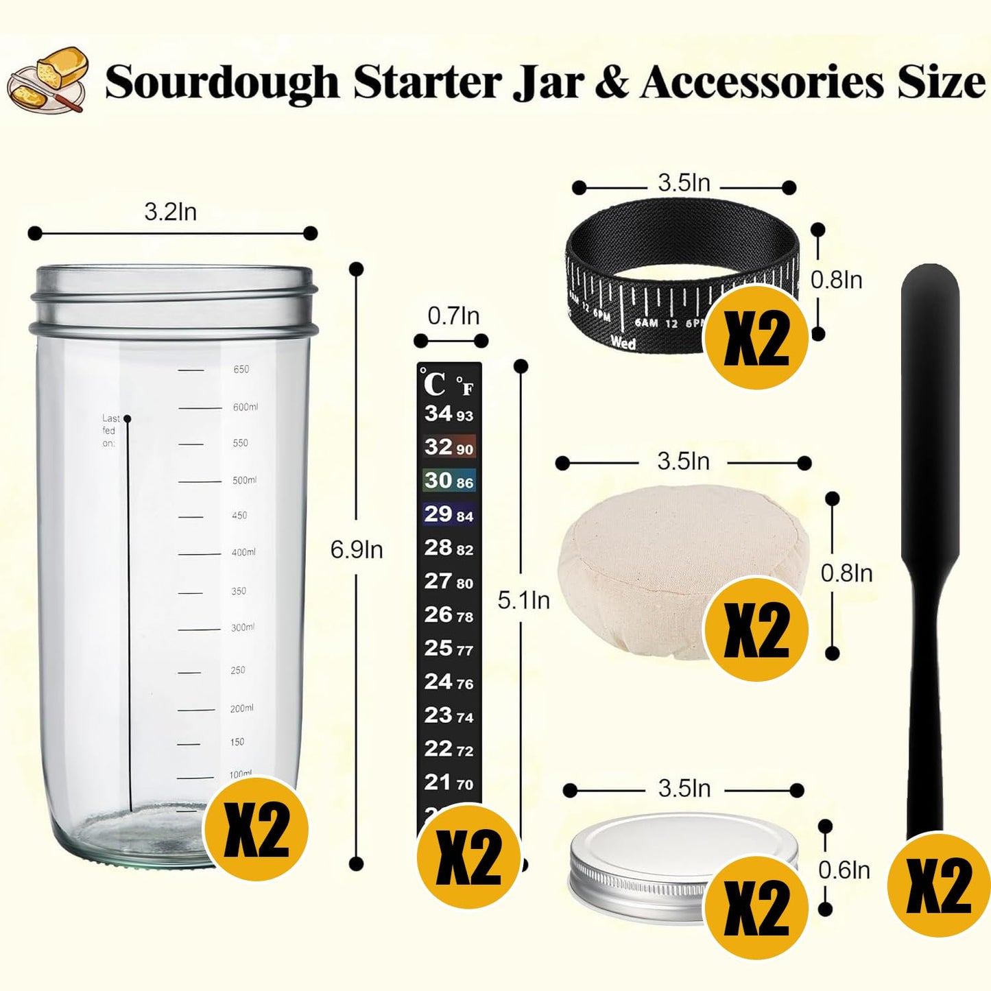 Sourdough Starter Jar 2 Pack, 24oz/650ml Sourdough Starter Kit with Date Marked Feeding Band, Thermometer, Silicone Scraper, Cloth Cover and Metal Lid for Sourdough Bread Baking Supplies