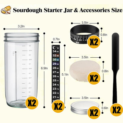 Sourdough Starter Jar 2 Pack, 24oz/650ml Sourdough Starter Kit with Date Marked Feeding Band, Thermometer, Silicone Scraper, Cloth Cover and Metal Lid for Sourdough Bread Baking Supplies