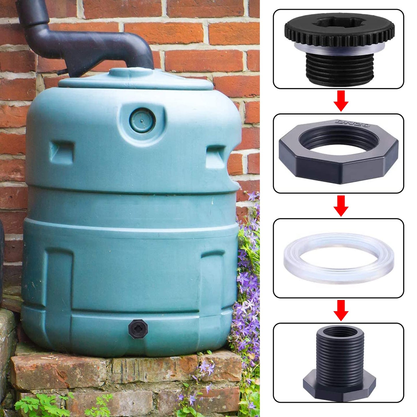3/4 Inch Female PVC Bulkhead Fitting with Plug and Thick Silicon Seal Gasket, Rain Barrel Connector Kit with Plugs for Rain Barrels, Aquariums, Water Tanks, Tubs, Pools (4 Pack)