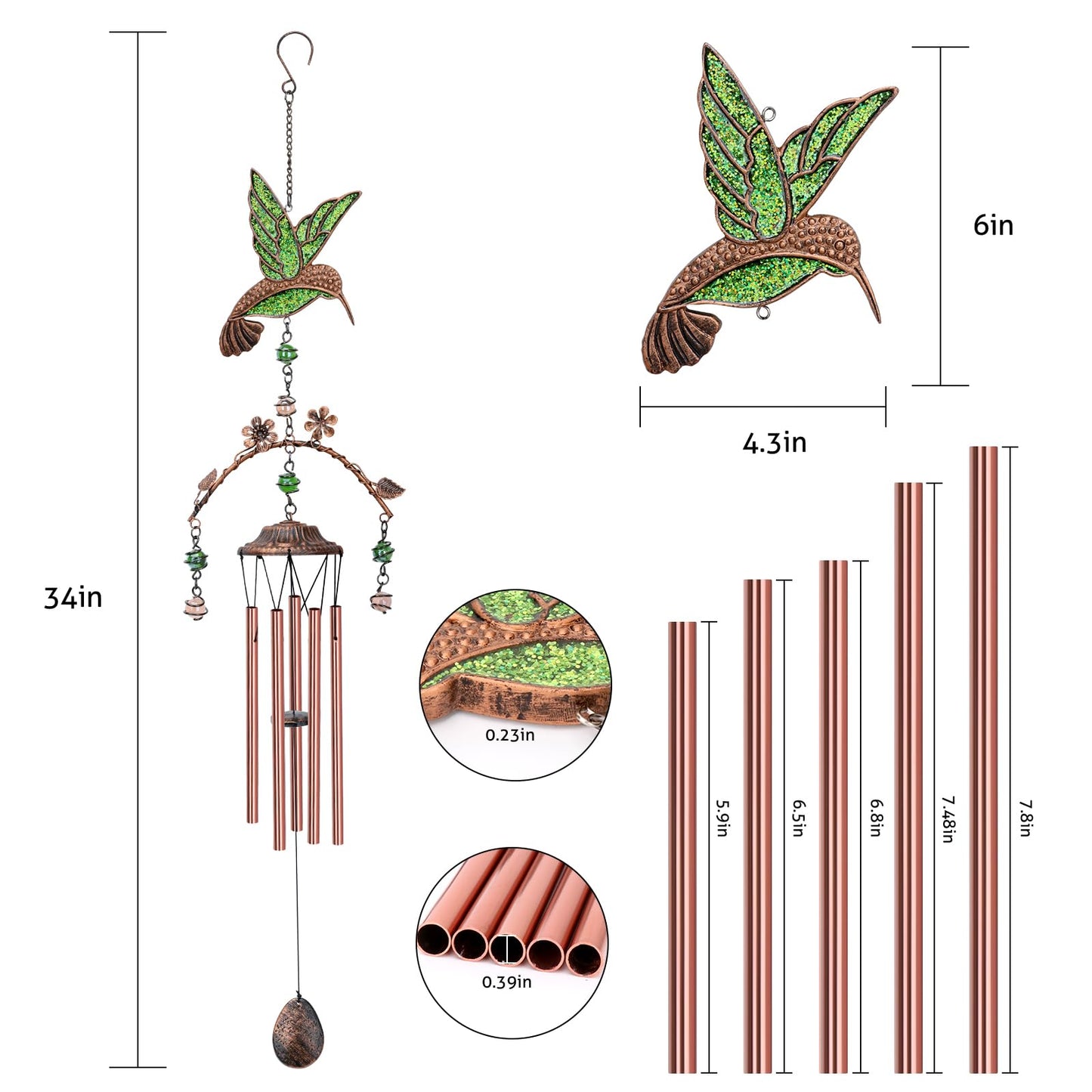 Wind Chimes - Green Hummingbird Wind Chimes for Outside Deep Tone 34 inches 5 Aluminum Tubes, Birthday, Mother's Day, Hummingbird Gifts for Mom, Grandma, Decorations for Home, Garden, Patio, Backyard