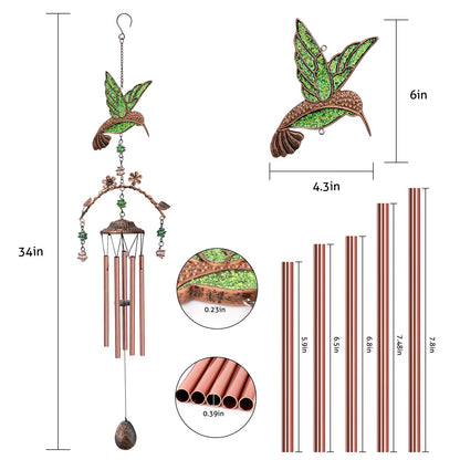 Wind Chimes - Green Hummingbird Wind Chimes for Outside Deep Tone 34 inches 5 Aluminum Tubes, Birthday, Mother's Day, Hummingbird Gifts for Mom, Grandma, Decorations for Home, Garden, Patio, Backyard