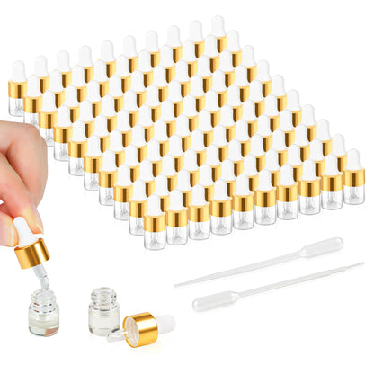 Mini Glass Dropper Bottle for Essential Oil,1ml Small Clear Sample Dropper Vails with Gold Cap,Perfume Cosmetic Liquid Containers for Traveling (1ml, 100pcs)