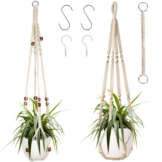 Augshy Macrame Plant Hanger, 2Pcs Hanging Holder with Extender Hangers for Indoor Outdoor Decor Macrame Hanging Basket with 4 Hooks