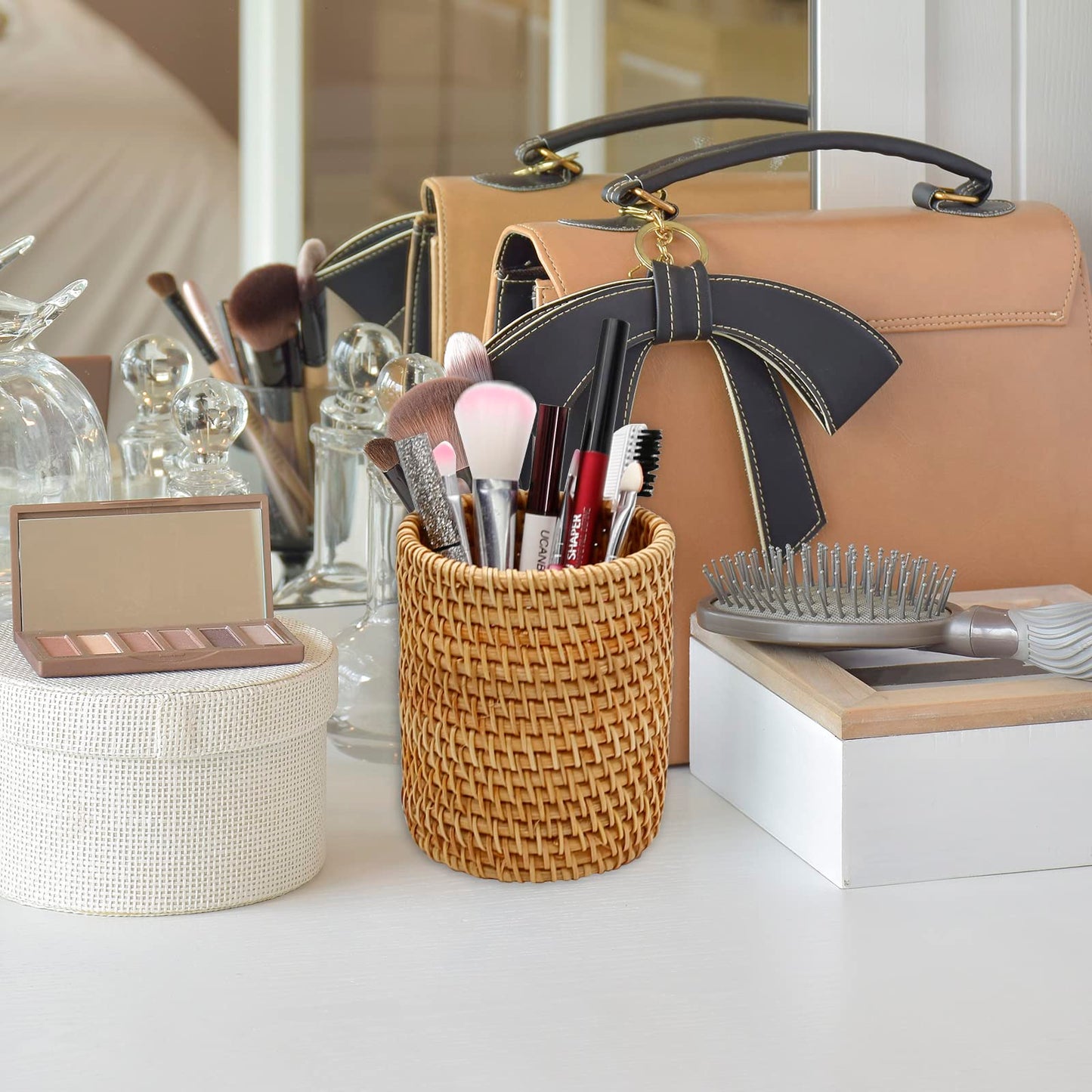 2 Pack Rattan Pencil Holder Handmade Pen Organizer Boho Desk Accessories Aesthetic Pen Cup Holder for Cute Office Decor