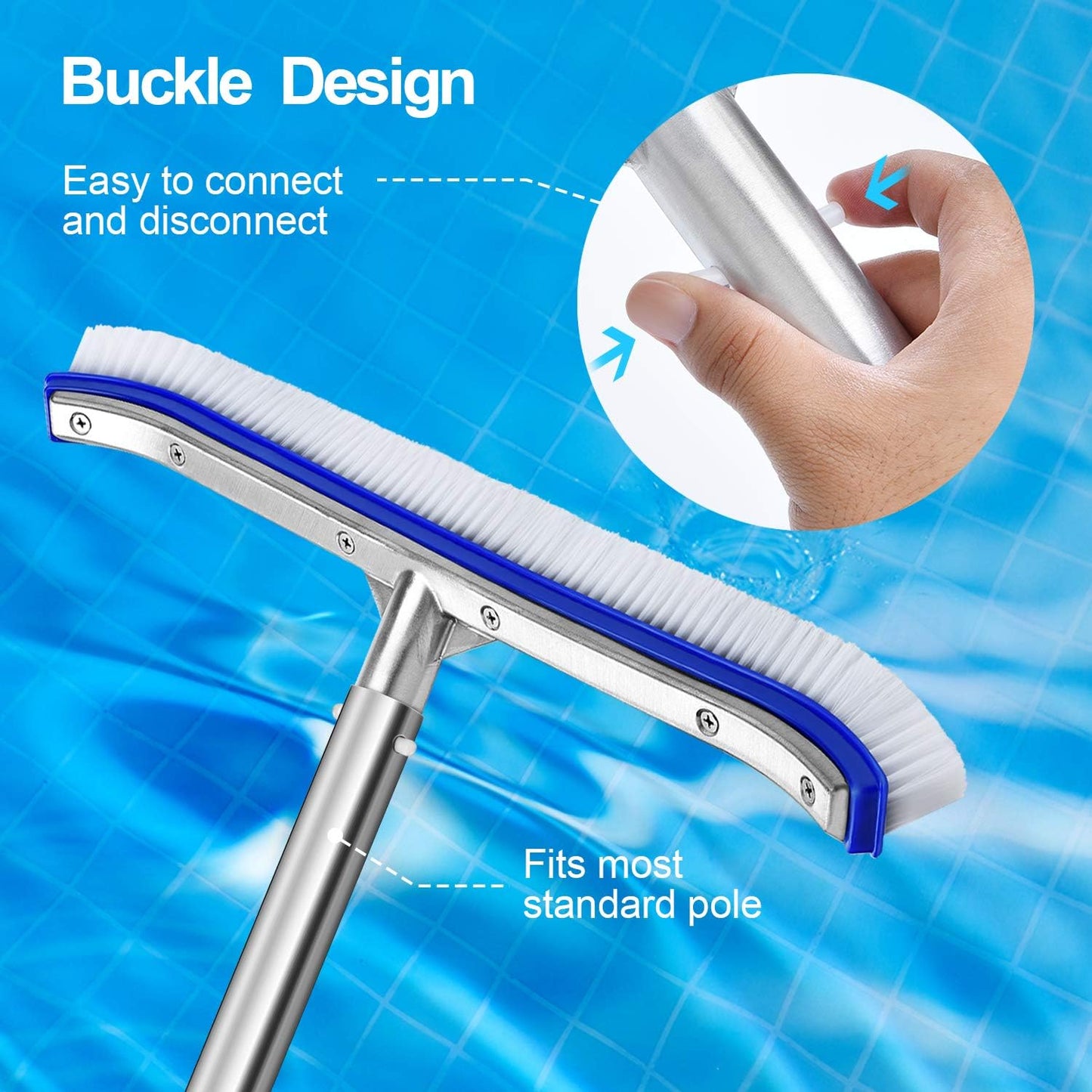 VABNEER Swimming Pool Brush 18 inches Durable Plastic Brush Head with Aluminium Handle and Enhanced Aluminium Back for Swimming Pool, Pond, Spa, Hot Spring, Tubs, Walls, Tile, Floors (Blue