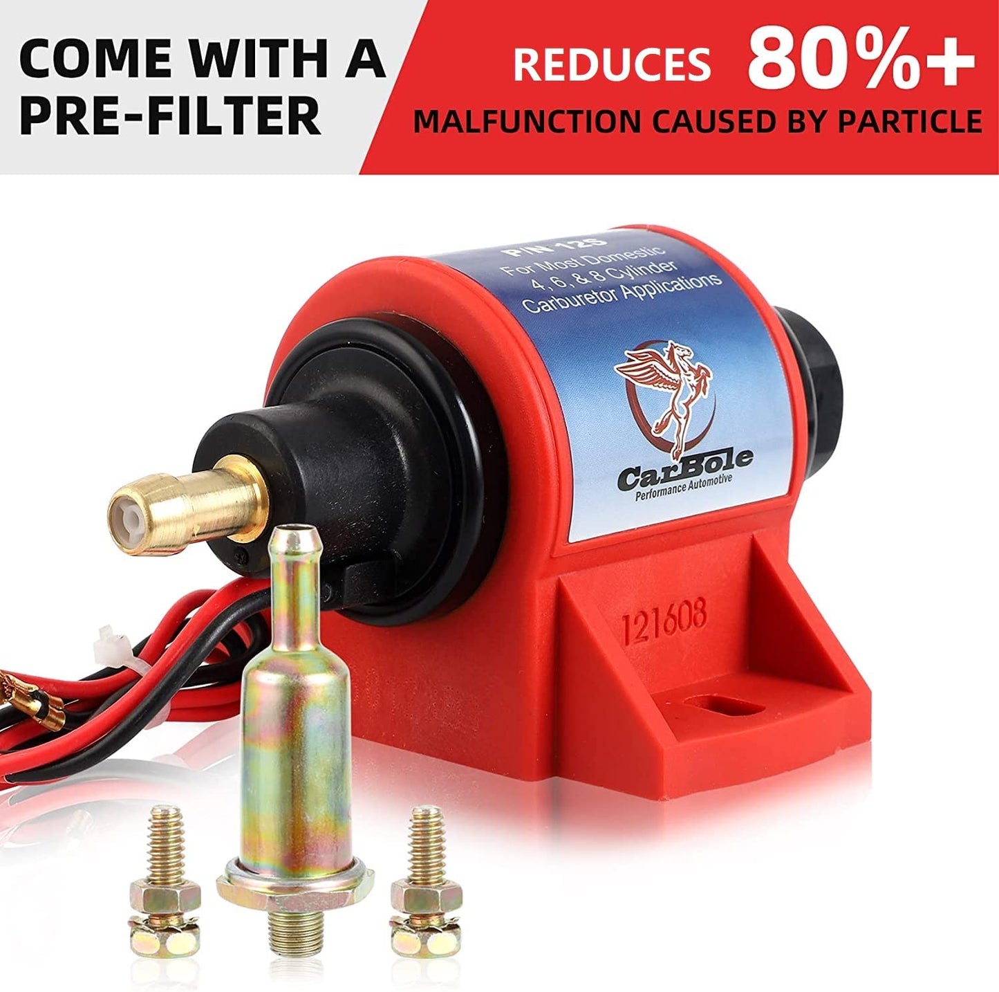 CarBole Micro Electric Gasoline Fuel Pump Universal 5/16 inch Inlet and Outlet 12V 1-2A 35GPH 4-7 P.S.I. Operating Fuel Pressure