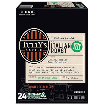 Tully's Certified Italian Roast Coffee K-Cup Pods for Keurig Coffee Makers, Box of 24