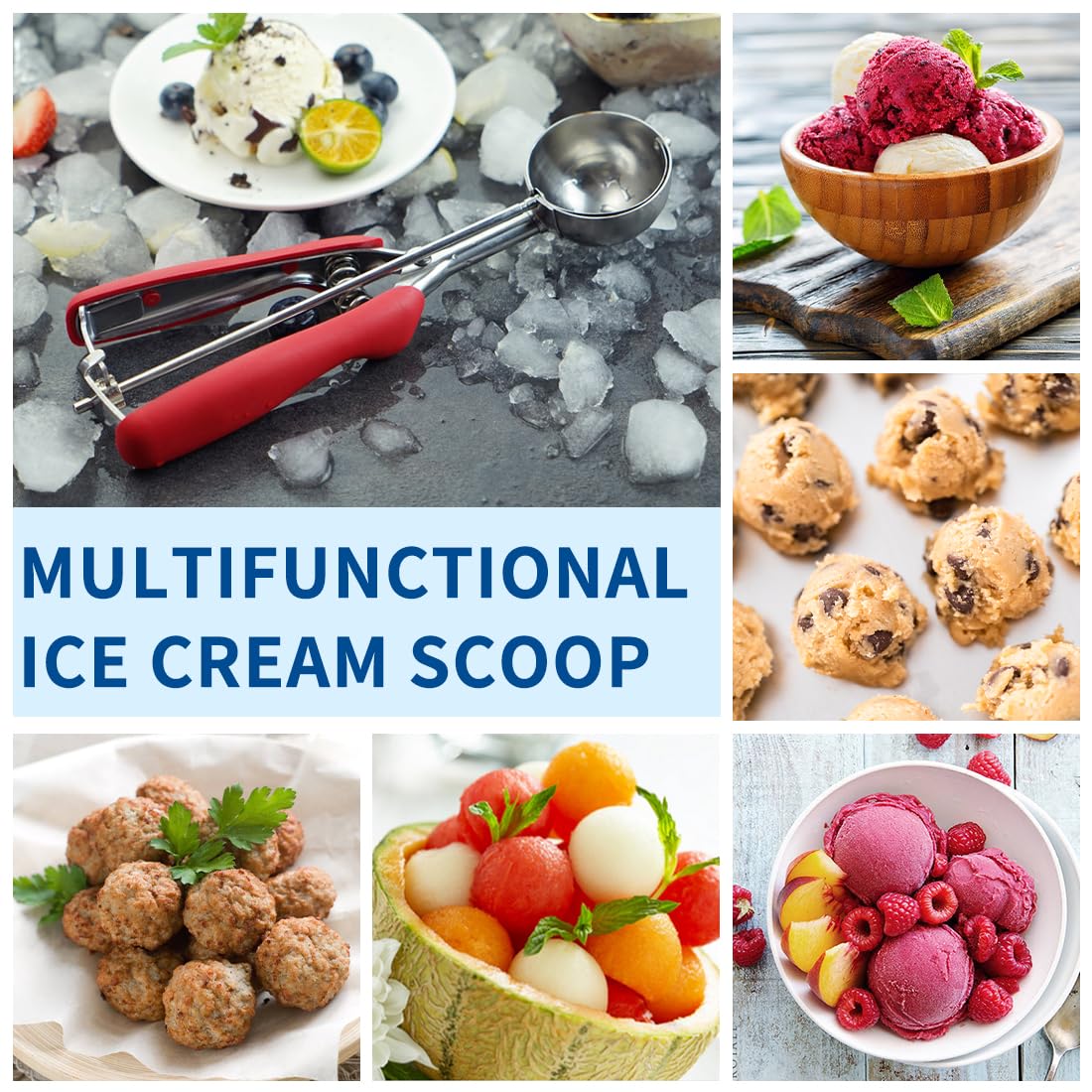 Cookie Scoop,Ice Cream Scoop,3PCS Stainless Steel 1/2 /3 Tablespoon Cookie Scoop,Red Rubber Grips Design,Durable and Effortless,for Ice Cream,Melon Baller and Baking(20#L/ 40#M/ 60#S).
