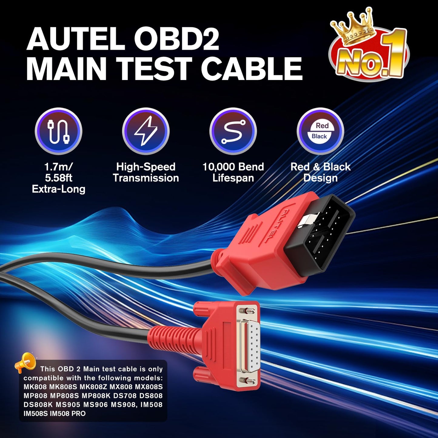 Autel Original OBD2 Main Test Cable, 5.6ft 1.7M, 16 Pin OBDII Diagnostic Test Cable, Work with Scanner MK808 MK808S MK808Z MX808 MX808S MP808 MP808S MP808K DS708 DS808 MS906 MS908, IM508 IM508S