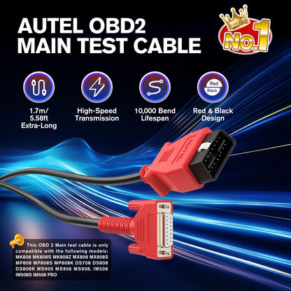 Autel Original OBD2 Main Test Cable, 5.6ft 1.7M, 16 Pin OBDII Diagnostic Test Cable, Work with Scanner MK808 MK808S MK808Z MX808 MX808S MP808 MP808S MP808K DS708 DS808 MS906 MS908, IM508 IM508S