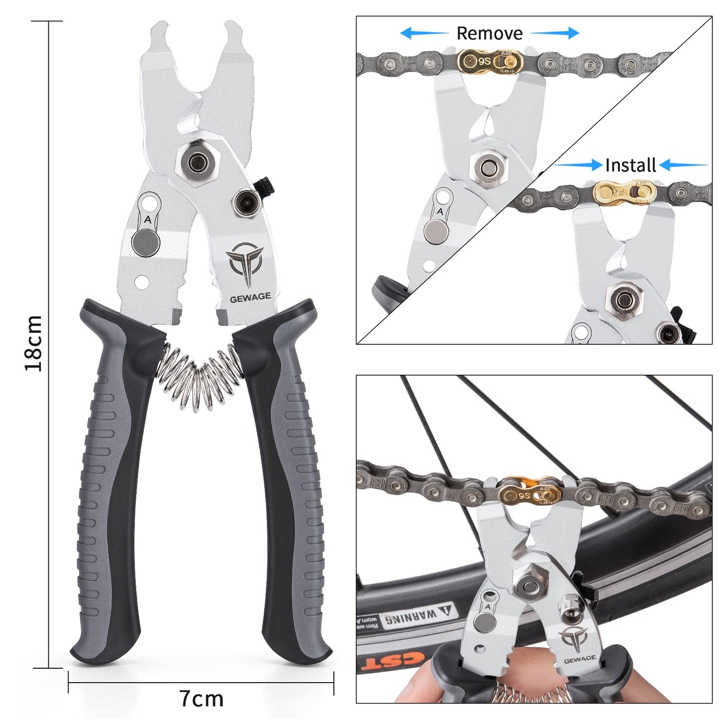 GEWAGE Bike Bicycle Pliers- 5 in 1 Bike Tool Kit for Cable Cutter/Chain Quick Link Switch/Cable Reaming/Spare Master Link/Inner Cap Clamp - Professional Bicycle Tool with Bicycle Missing Link