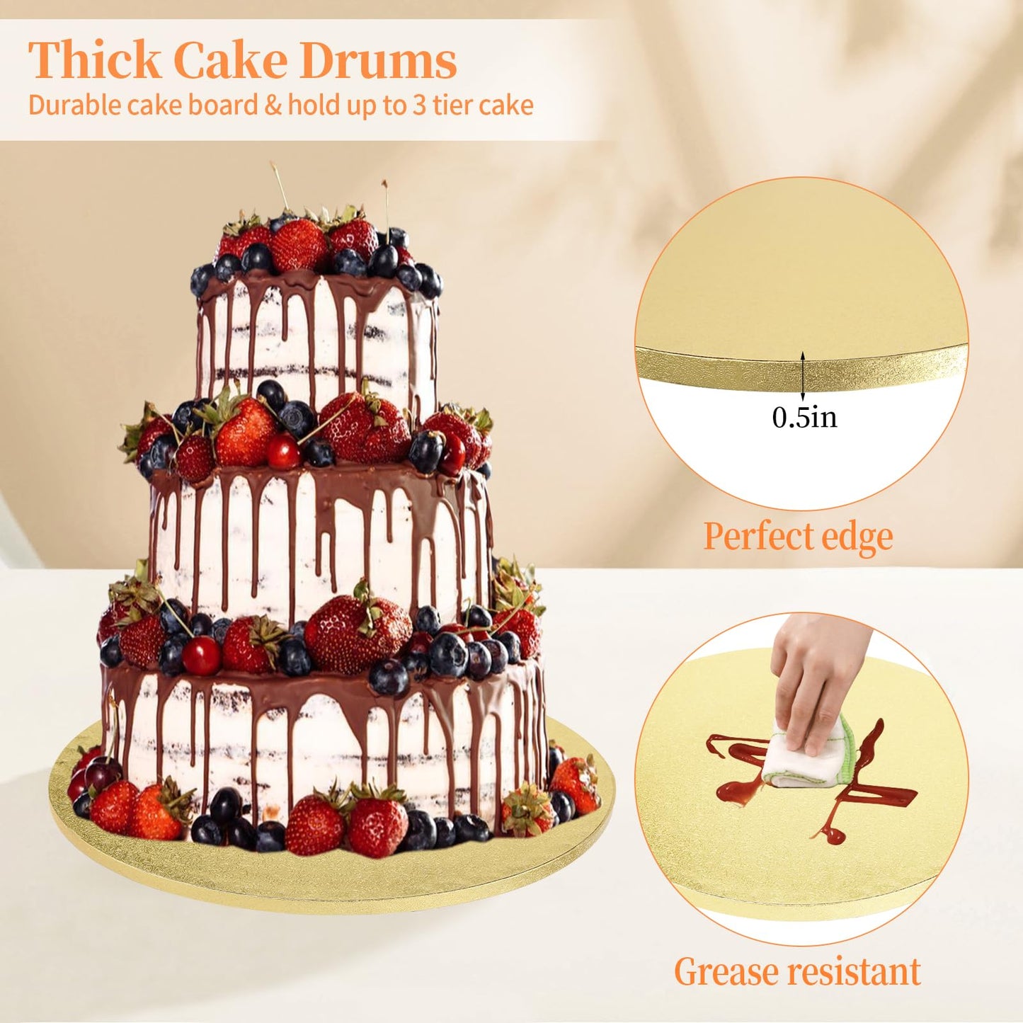 Anscher 6 Packs 12 Inch Cake Drums, Greaseproof Thick Round Cake drums in Gold Black White Cake Base, Cardboard Cake Boards for Presenting Heavy/Tall Tiered Cakes, Base Para Pastel