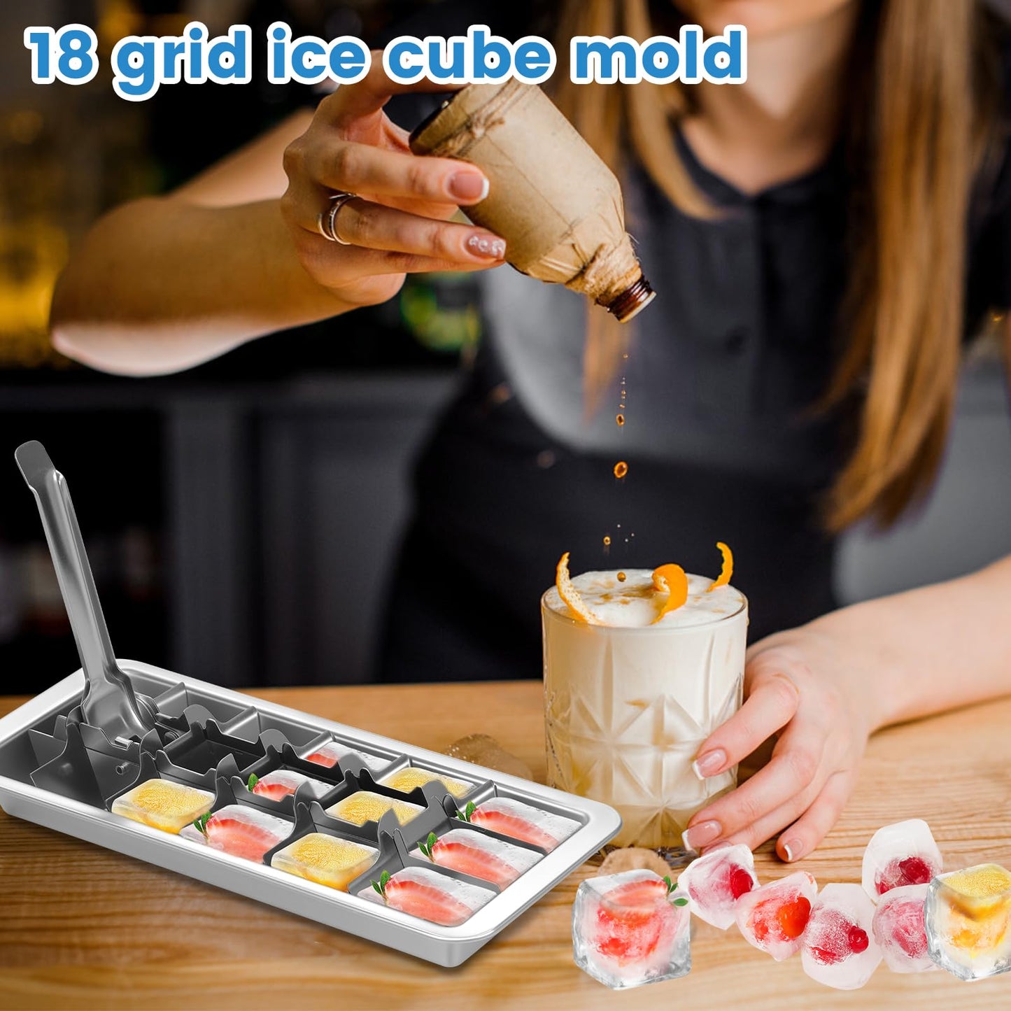 Stainless Steel Ice Cube Tray 18 Slot Ice Trays for Freezer Ice Lattice Mould with Clamp Easy Release Handle Easy to Clean (Clamp)