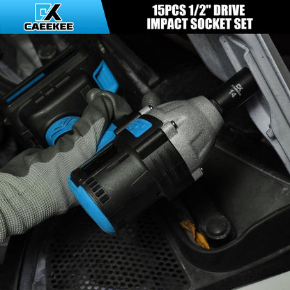 CaeeKee 15PCS 1/2" Drive Shallow 12-Point Impact Socket Set, Metric(11mm - 32mm), Cr-V Steel, Includes Drill Socket Adapter