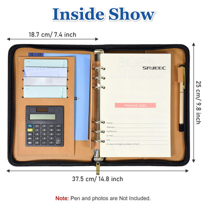 SAYEEC Journal Binder Leather Portfolio Notebook Executive Conference Folder Travel Business Portfolio with Calculator Zipped Notebook Organizer Loose Leaf Refillable Lined Paper Gift for Man Women (Blue With Calculator)