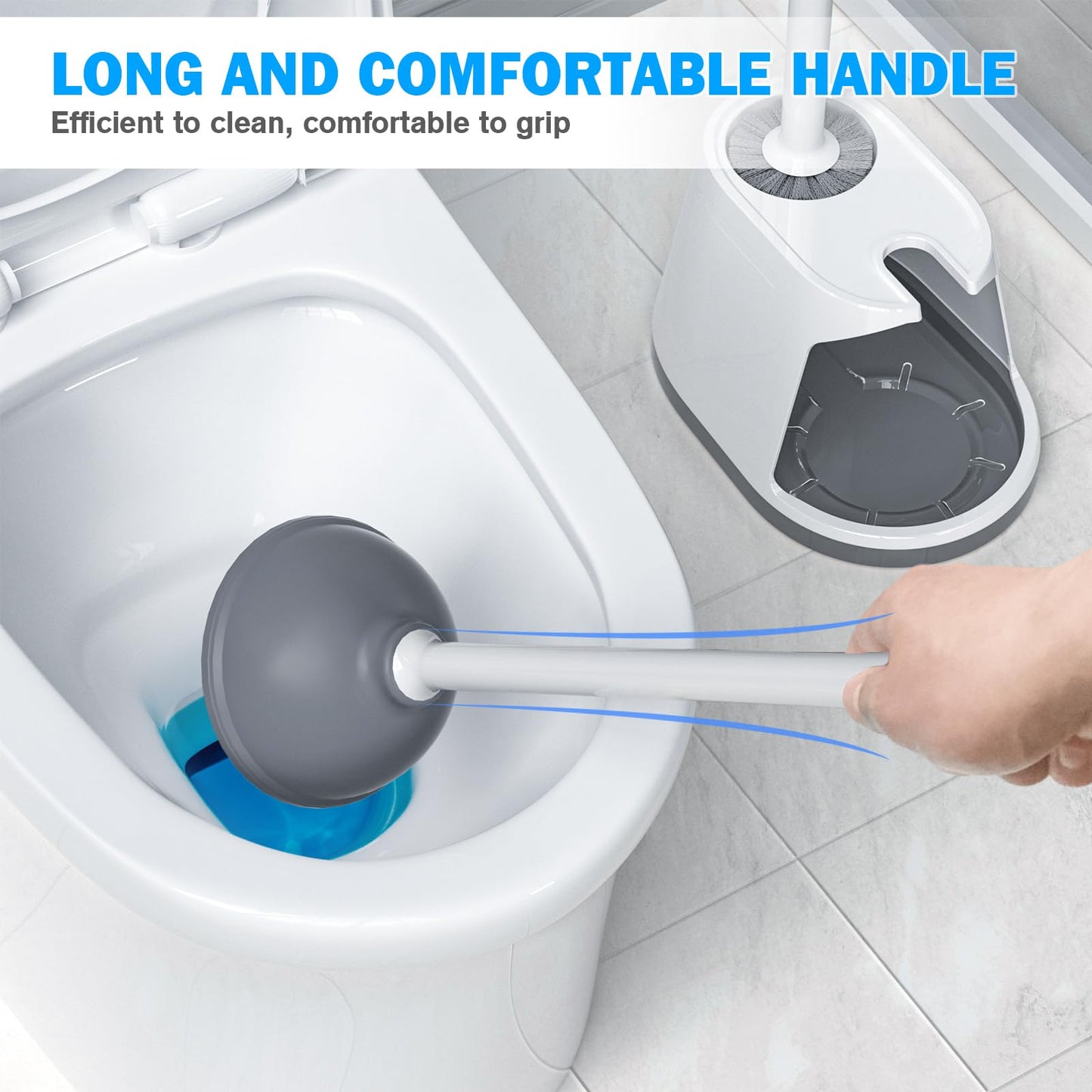 Toilet Plunger and Brush Set, Bowl Brush and Heavy Duty Toilet Brush with Ventilated Holder, 2-in-1 Toilet Brush and Plunger Combo for Bathroom Deeply Cleaning(White & Grey)