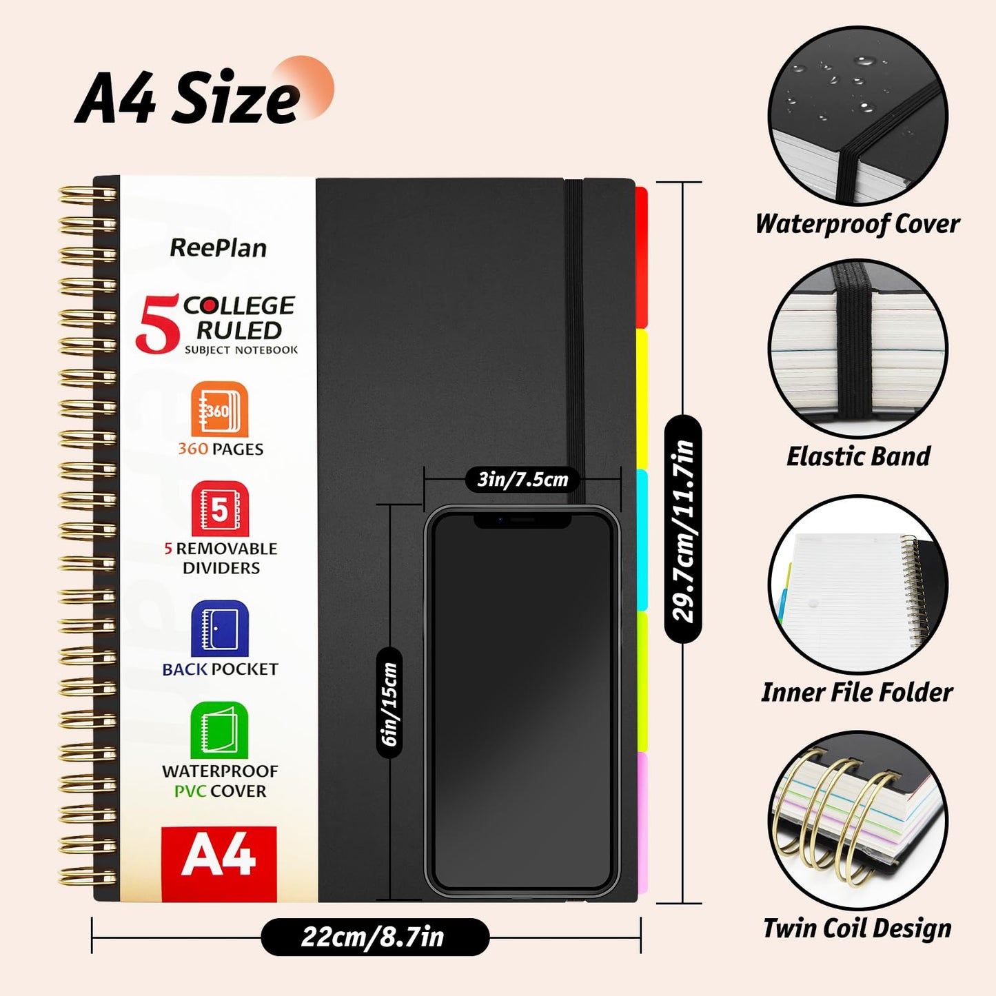 A4 Spiral Notebook 360 Pages, 5 Subject College Ruled Notebook with Removable Dividers, 100 GSM Thick Paper Journal for School Office Work Writing (Black)