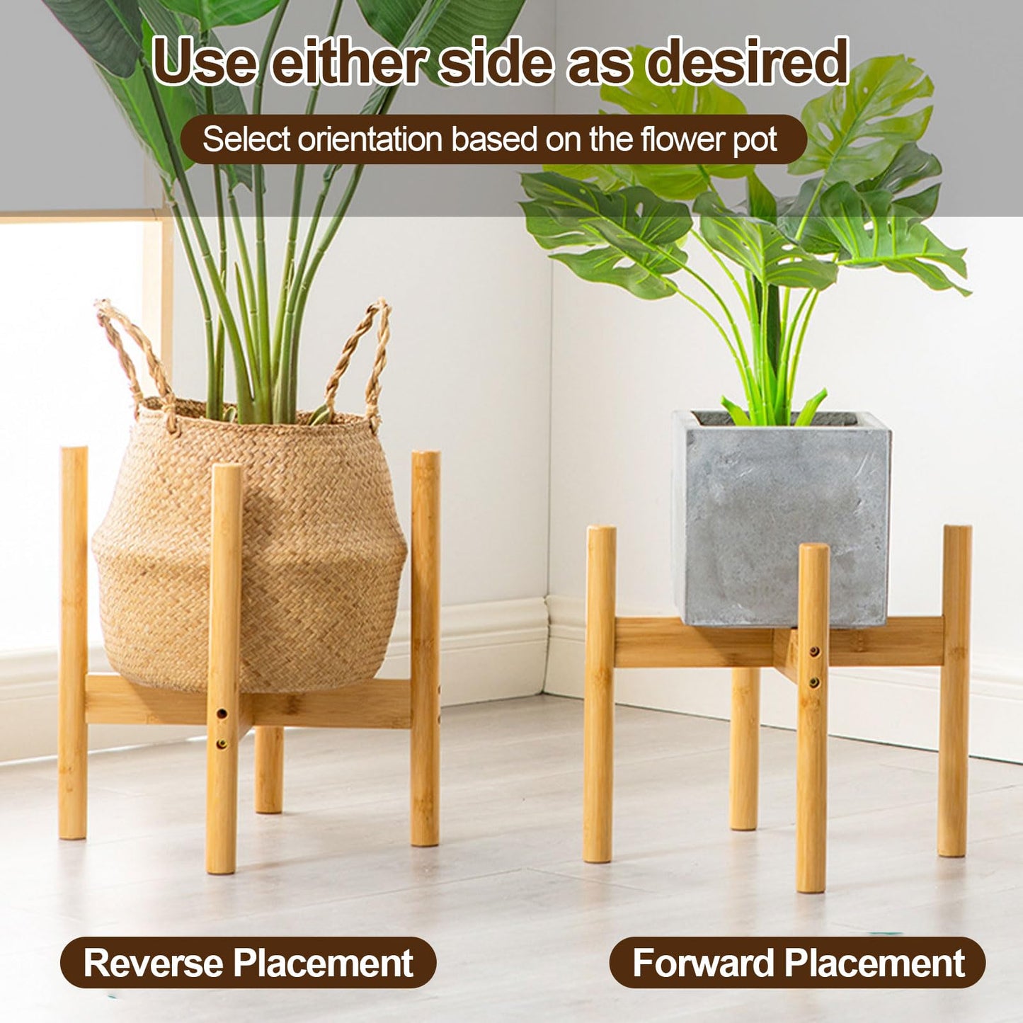 Sturdy Cross Plant Stands - Natural Finish, Oversized 12.59" Base, Adjustable 3.54"-7.48" Height, Flip Design, Reinforced Bamboo Braces Stand for Orchid, Potted Plants
