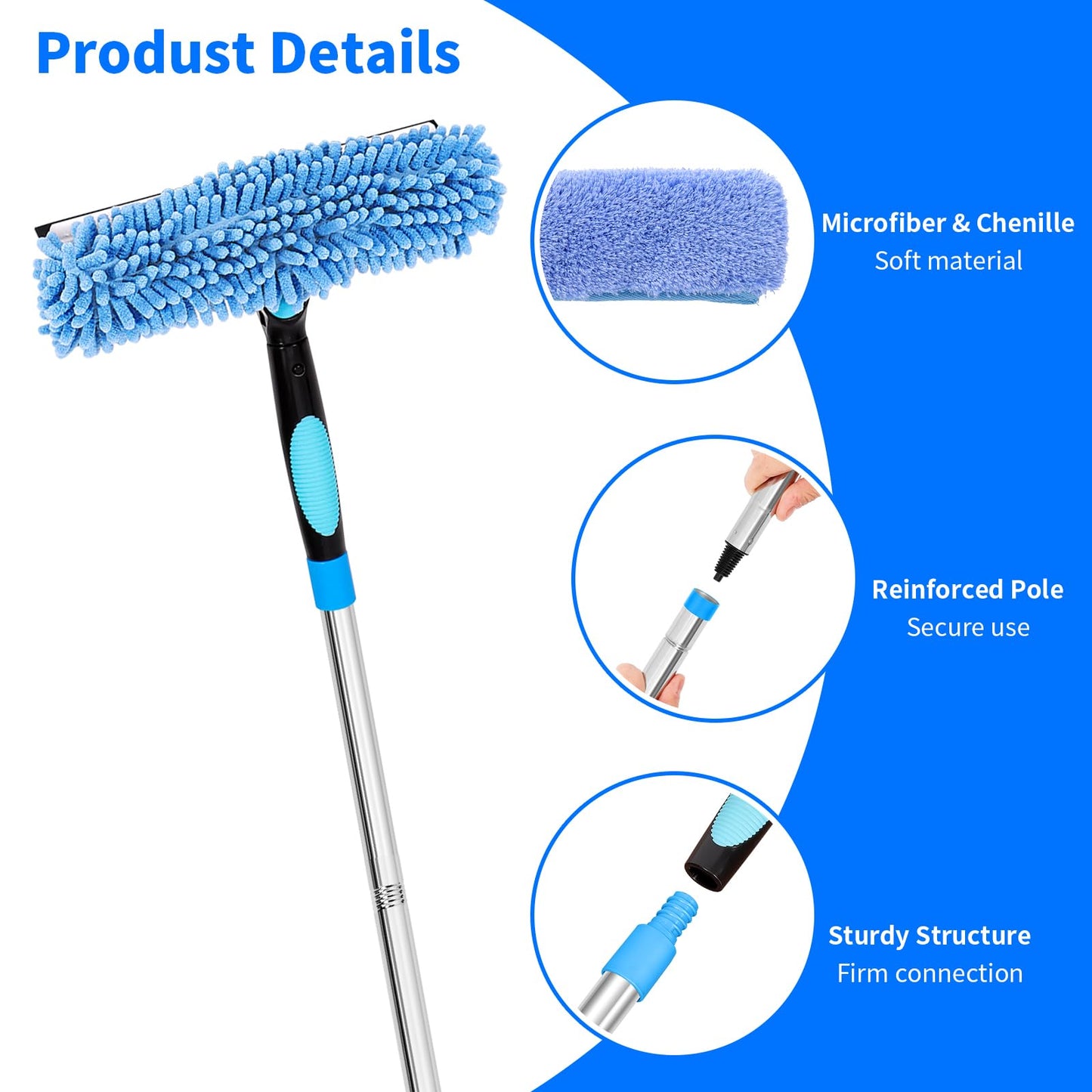 12.7FT/ 3.9M Window Cleaning Tools Window Squeegee, 2 in 1 Rotatable Window Washing Kit with Extension Pole for High Windows, Ceilings, Cars