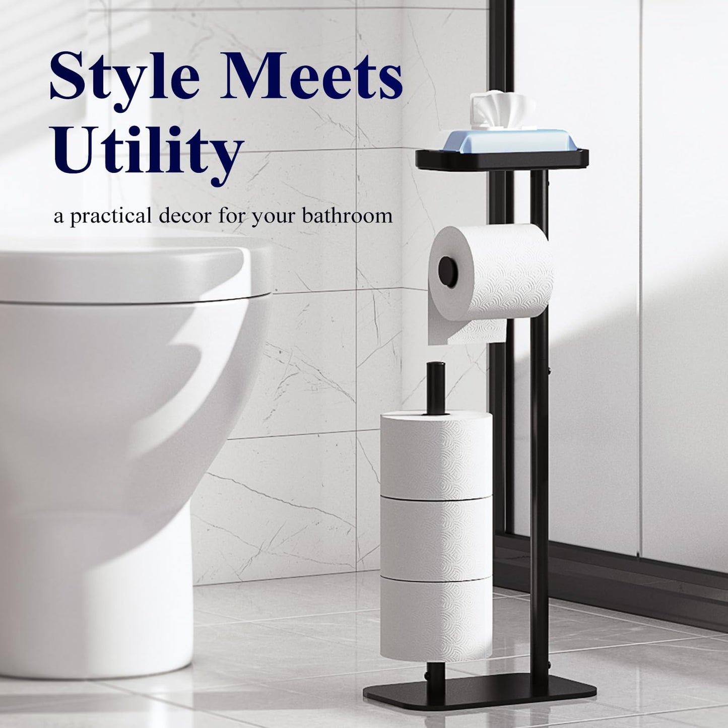 Kitsure Toilet Paper Roll Holder Free Standing – Rustproof Metal Toilet Paper Stand for 4 Rolls with Anti-Slip Base and Shelf for Phone & Small Items, Black, 63.0 x 23.5 x 15.0 cm