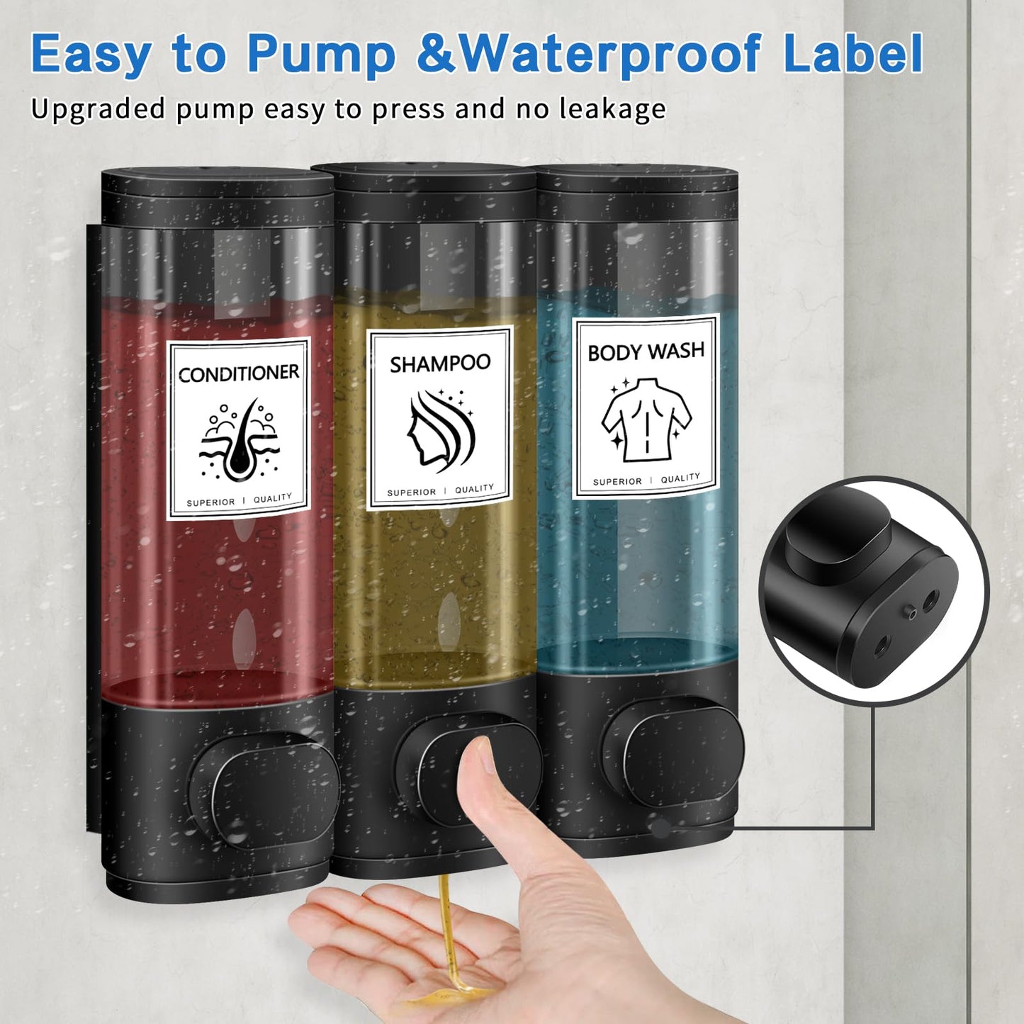 Volufia Shower Dispenser 3 Chamber No Drill, Shampoo Dispenser for Shower Wall, Shampoo and Conditioner Dispenser, Shower Soap Dispenser Bathroom 3x300ML, Black