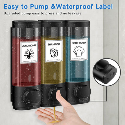 Volufia Shower Dispenser 3 Chamber No Drill, Shampoo Dispenser for Shower Wall, Shampoo and Conditioner Dispenser, Shower Soap Dispenser Bathroom 3x300ML, Black