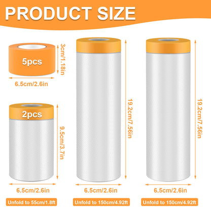 9Rolls Pre-Taped Masking Film Kit, 2 Sizes Self-Adhesive Painters Tape 22in×66ft/59in×66ft Paint Tape and Drape with 5Pcs Masking Tapes Pre-Taped Masking Paper for Painting Automotive DIY Project