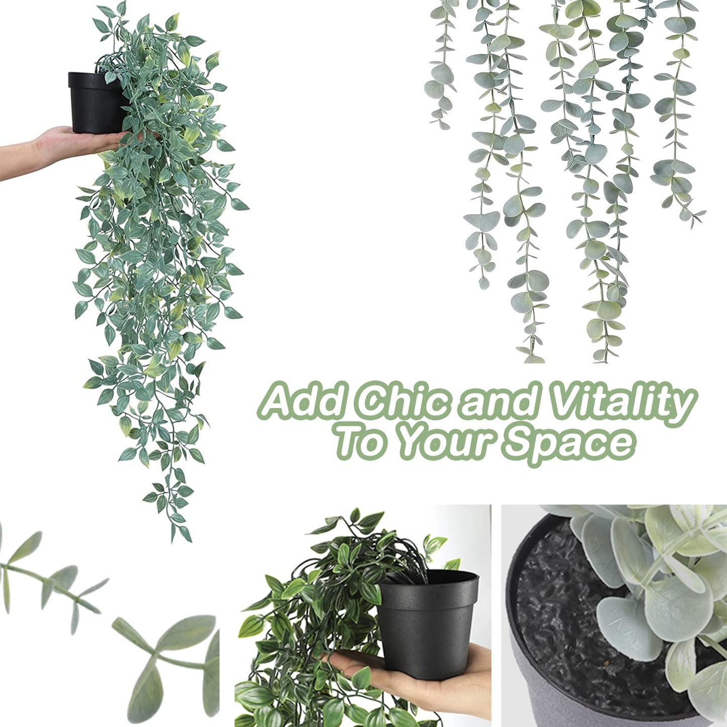 Artificial Hanging Plants 3Pcs Potted Greenery Decor - Grey Eucalyptus Mandala Snow Pea Vine in Pot Plants for Office Farmhouse Home Indoor Outdoor Decor(2 Greens+1 Greying White)