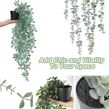 Artificial Hanging Plants 3Pcs Potted Greenery Decor - Grey Eucalyptus Mandala Snow Pea Vine in Pot Plants for Office Farmhouse Home Indoor Outdoor Decor(2 Greens+1 Greying White)