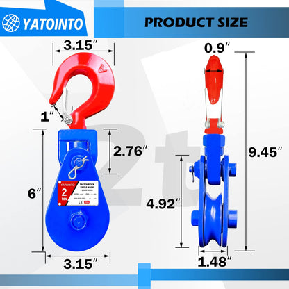 YATOINTO 2 ton Snatch Block with Hook, 3" Sheave 3/8" Inch Wire Rope Snatch Block, 4400lbs Snatch Pulley for Rollback Wrecker Car Hauler Winch