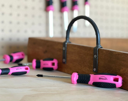 Apollo Tools Pink 8 Piece Essential Screwdriver Set Phillips and Slotted with Magnetic Tips and Non-Slip Comfort Handles. Includes Stubby Screwdrivers for Tight Spaces - Pink Ribbon - Pink - DT5018P