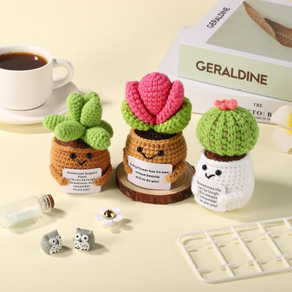 3pcs Positive Crochet Potted Plants, Positive Cactus Positive Crochet Succulent Crochet Cactus Knitted Succulent Positive Plants Crochet for Party Decoration Encouraging Gift
